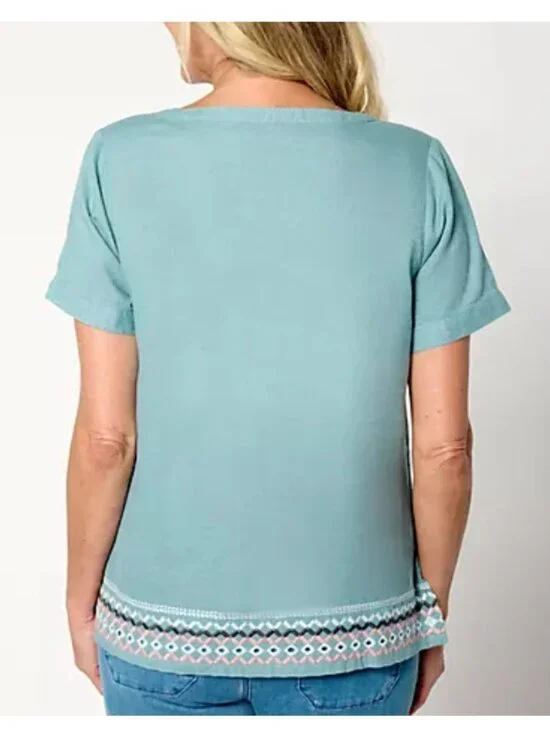 Denim & Co. Women's Top Sz 2X Naturals Linen Blend Black Embroidered A644104 - Picture 2 of 5